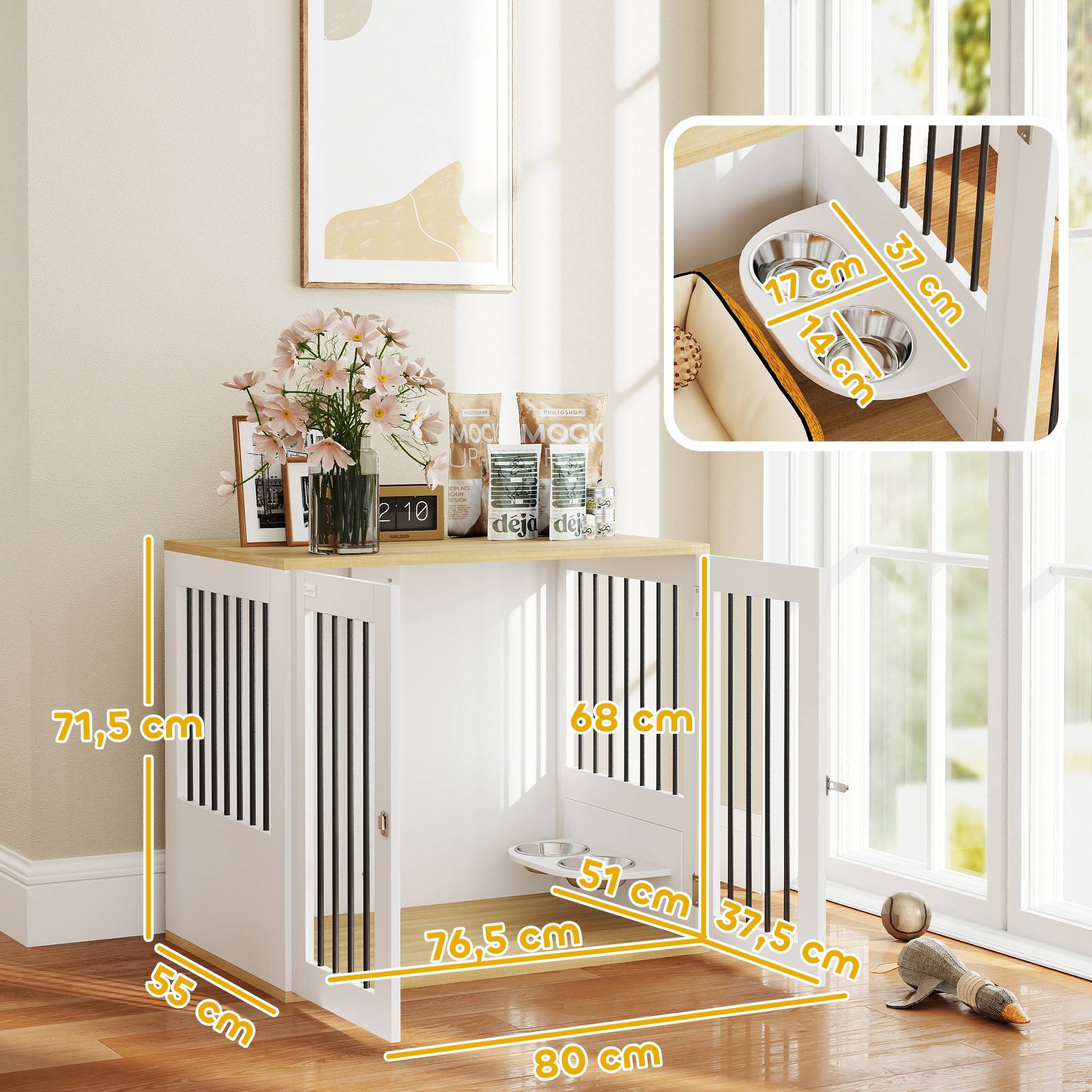 Cage pour chien moyen, table d'appoint, 2 portes, gamelles 360° amovibles, 80x55x71,5cm blanc - Image 5