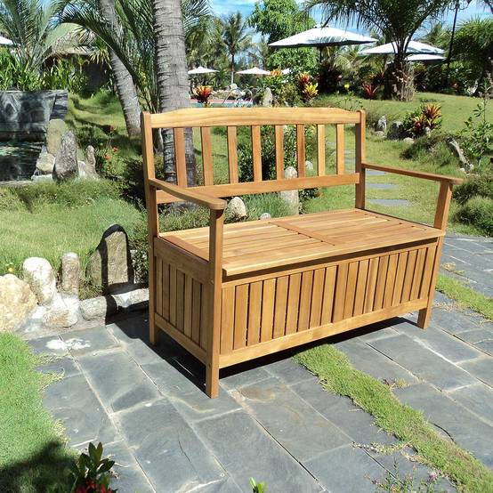 Banc de jardin en acacia avec coffre de rangement - Cémonjardin - Image 2