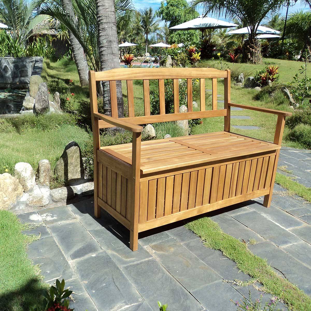 Banc de jardin en acacia avec coffre de rangement - Cémonjardin - Image 2