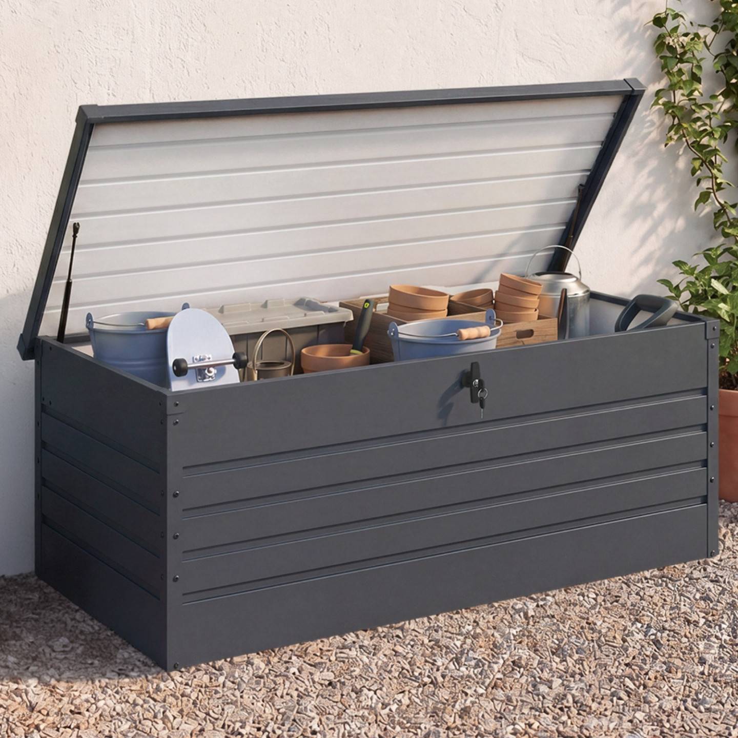 Coffre de rangement métal verrouillable gris anthracite pour jardin 600L 165x70x63 cm - Image 1