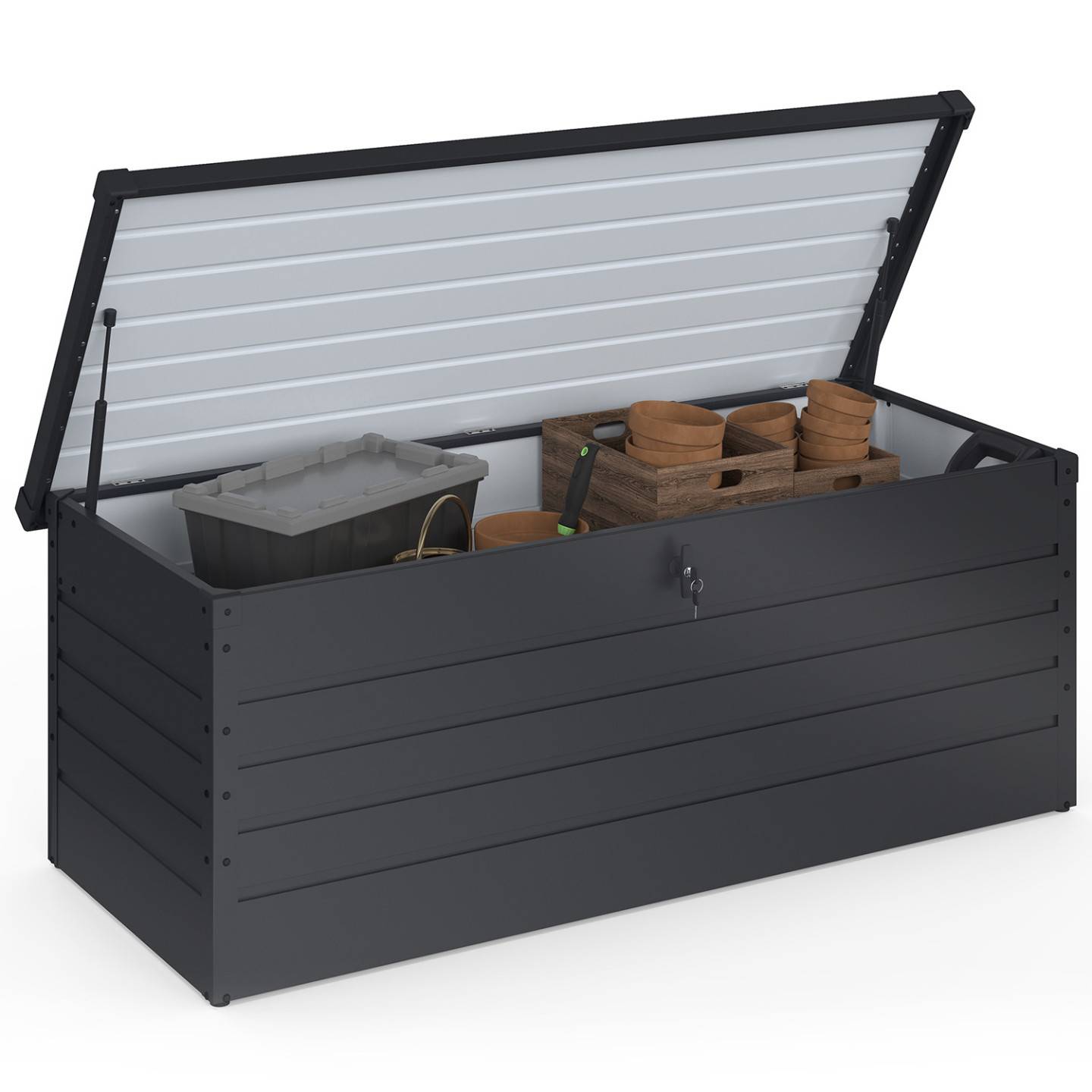 Coffre de rangement métal verrouillable gris anthracite pour jardin 600L 165x70x63 cm - Image 2