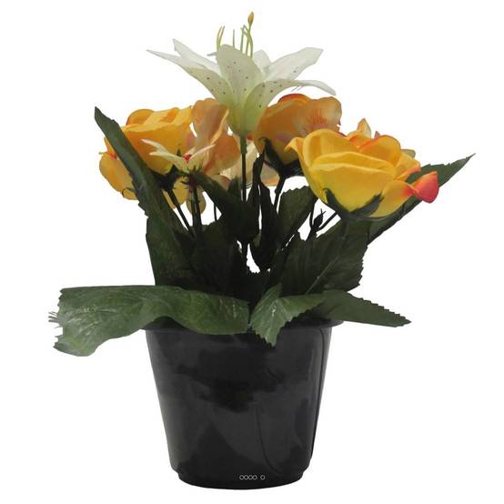 Pot pour cimetière de bouton de Rose, Orchidée et Lys artificiels Jaune- Toussaint - couleur: Jaune - Image 2