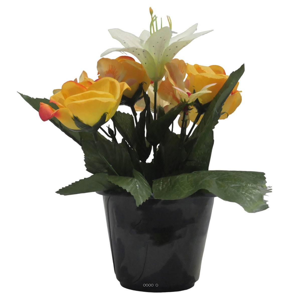 Pot pour cimetière de bouton de Rose, Orchidée et Lys artificiels Jaune- Toussaint - couleur: Jaune - Image 1