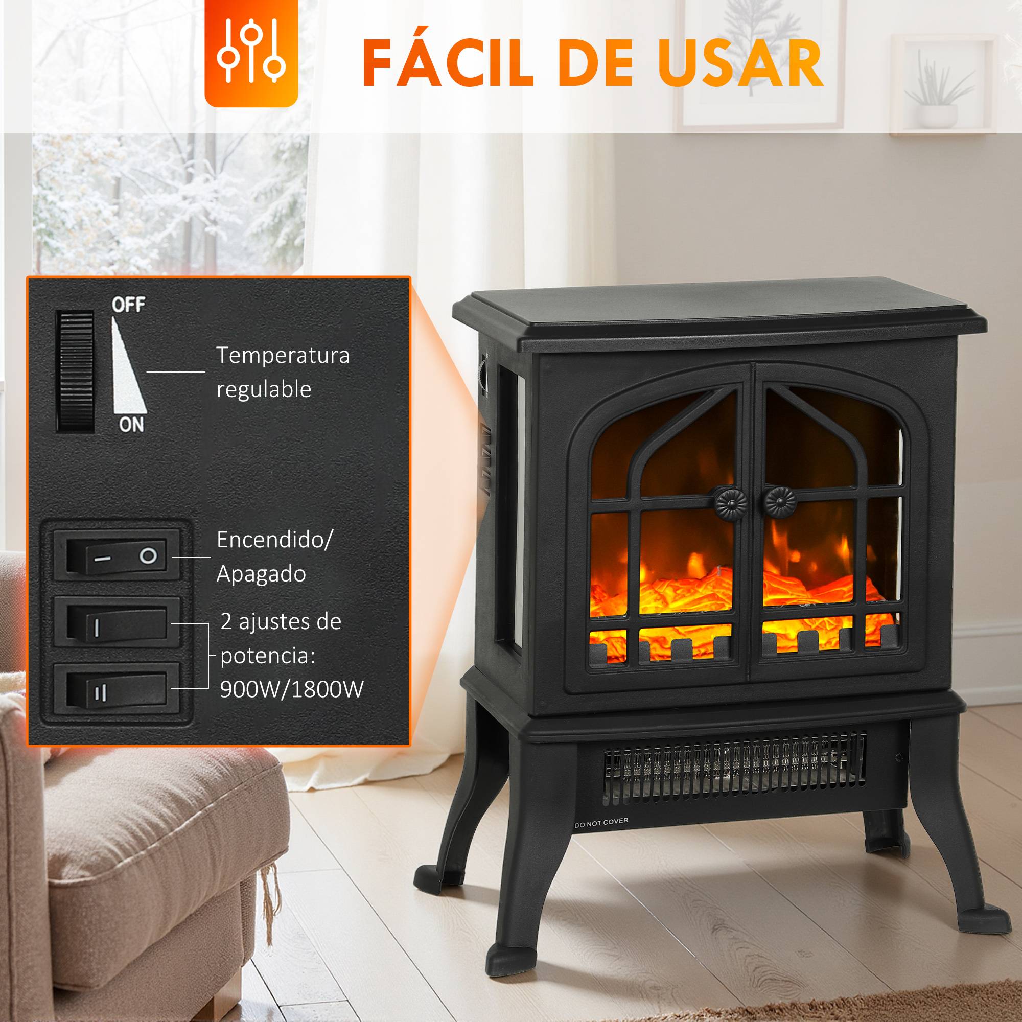 Cheminée électrique sur pied 900/1800W effet flamme 3D thermostat réglable fenêtres visibles 15-30 m² noir - Image 8