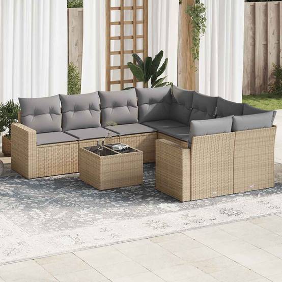 Canapé d'Angle de Jardin 8 Places Résine Tressée Beige Coussins Gris Clair – ComfortXL Outdoor Living - Image 1