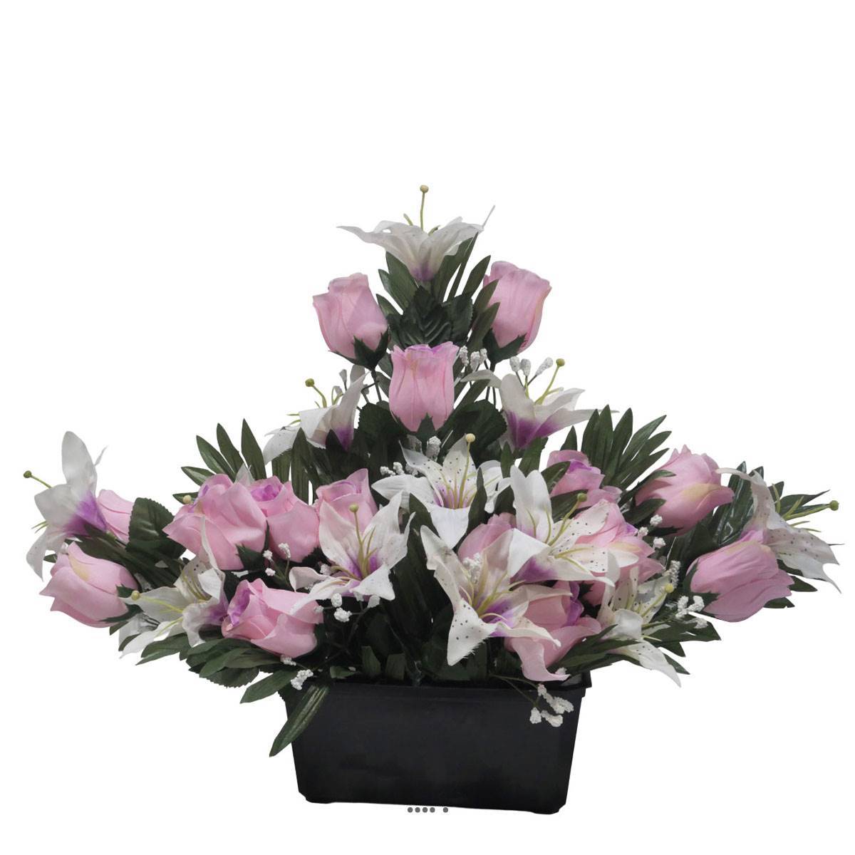 Artificielles - Devant de tombe de Rose et Lys tigré Rose artificiels pour la Toussaint - couleur: Rose - Imagen 1