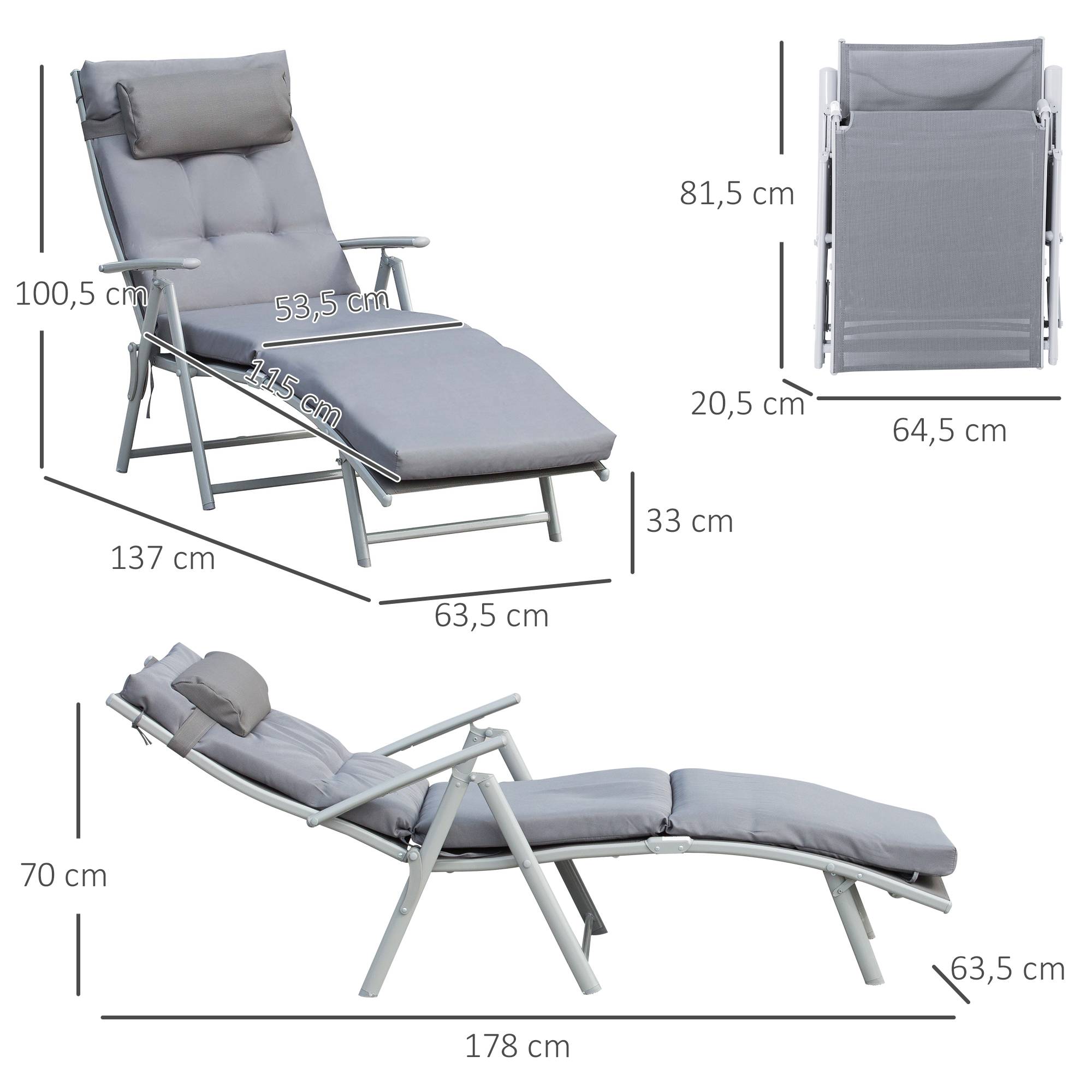 Bain de Soleil Pliable transat inclinable 7 Positions Chaise Longue - 137x63x100cm Métal Gris fr112 - Image 5