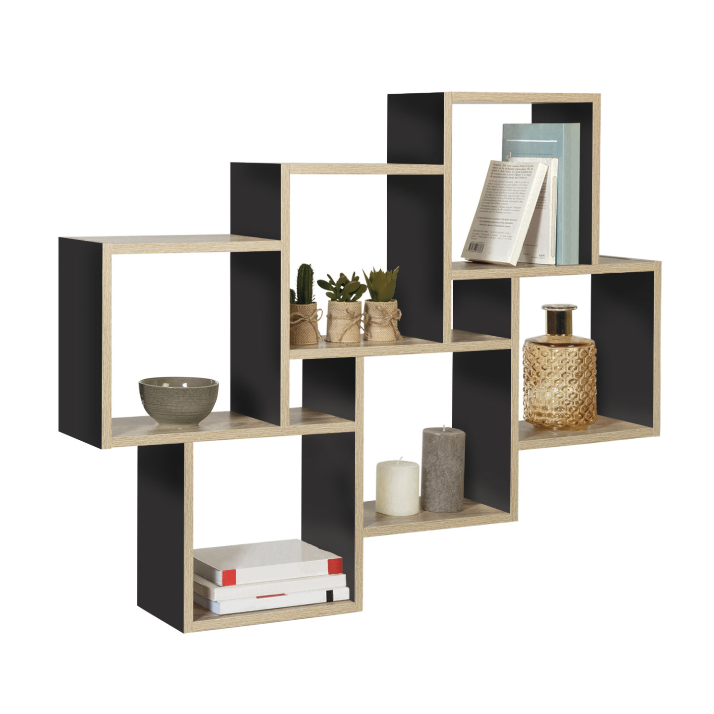 Étagère Double Position TANIA 161 Cm - Bois Noir Et Imitation Hêtre - 8 Niveaux - IDMarket