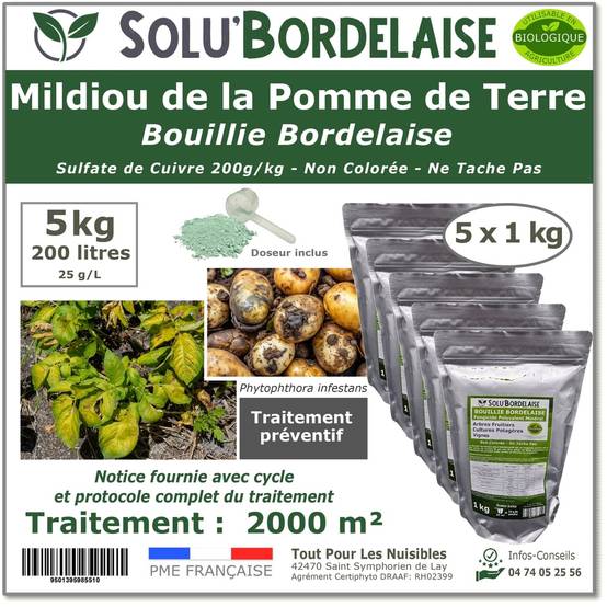Solu'Bordelaise - 5 kg de Bouillie Bordelaise - Mildiou de la pomme de terre - Utilisable Agriculture Biologique - 5 Sachets Refermable de 1 kg - Image 1