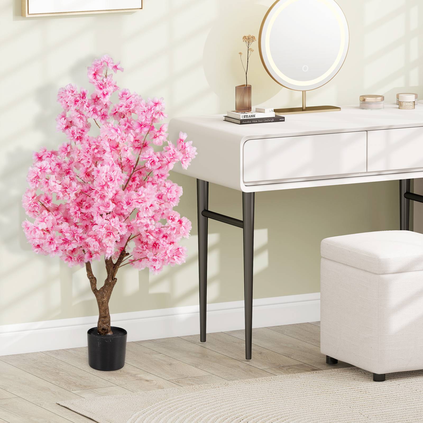 Plante Artificielle en Pot Remplies de Ciment 120CM, Fausse Cerisier avec 900 Fleurs Roses Tronc en Polyéthylène Multi-Branches, pour Salon Balcon - Image 3