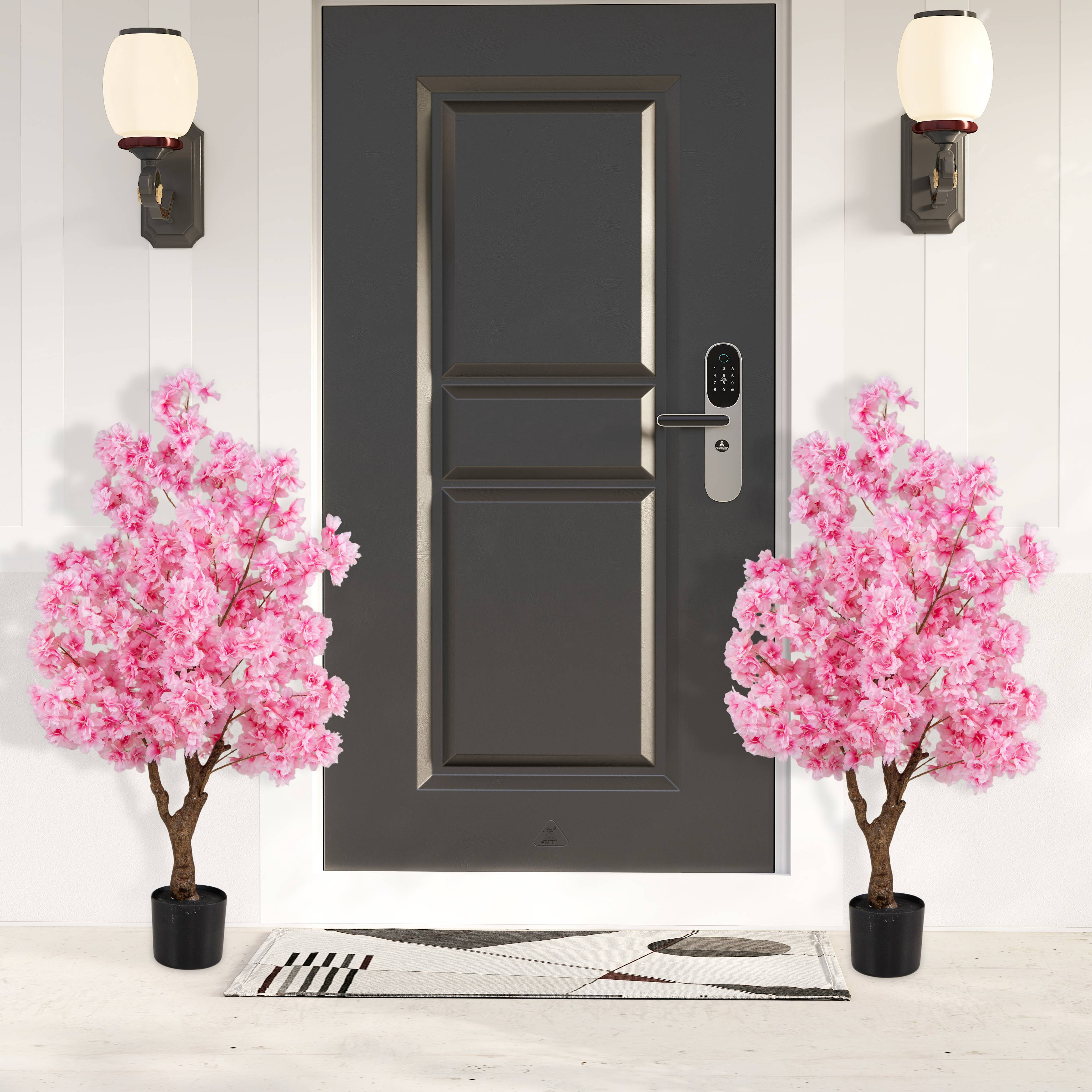 Plante Artificielle en Pot Remplies de Ciment 120CM, Fausse Cerisier avec 900 Fleurs Roses Tronc en Polyéthylène Multi-Branches, pour Salon Balcon - Image 4