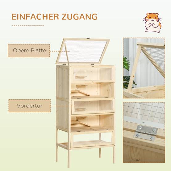 Cage en bois pour hamsters 5 étages avec toit grillagé, rampes, 60x40x120 cm, naturel - Image 7