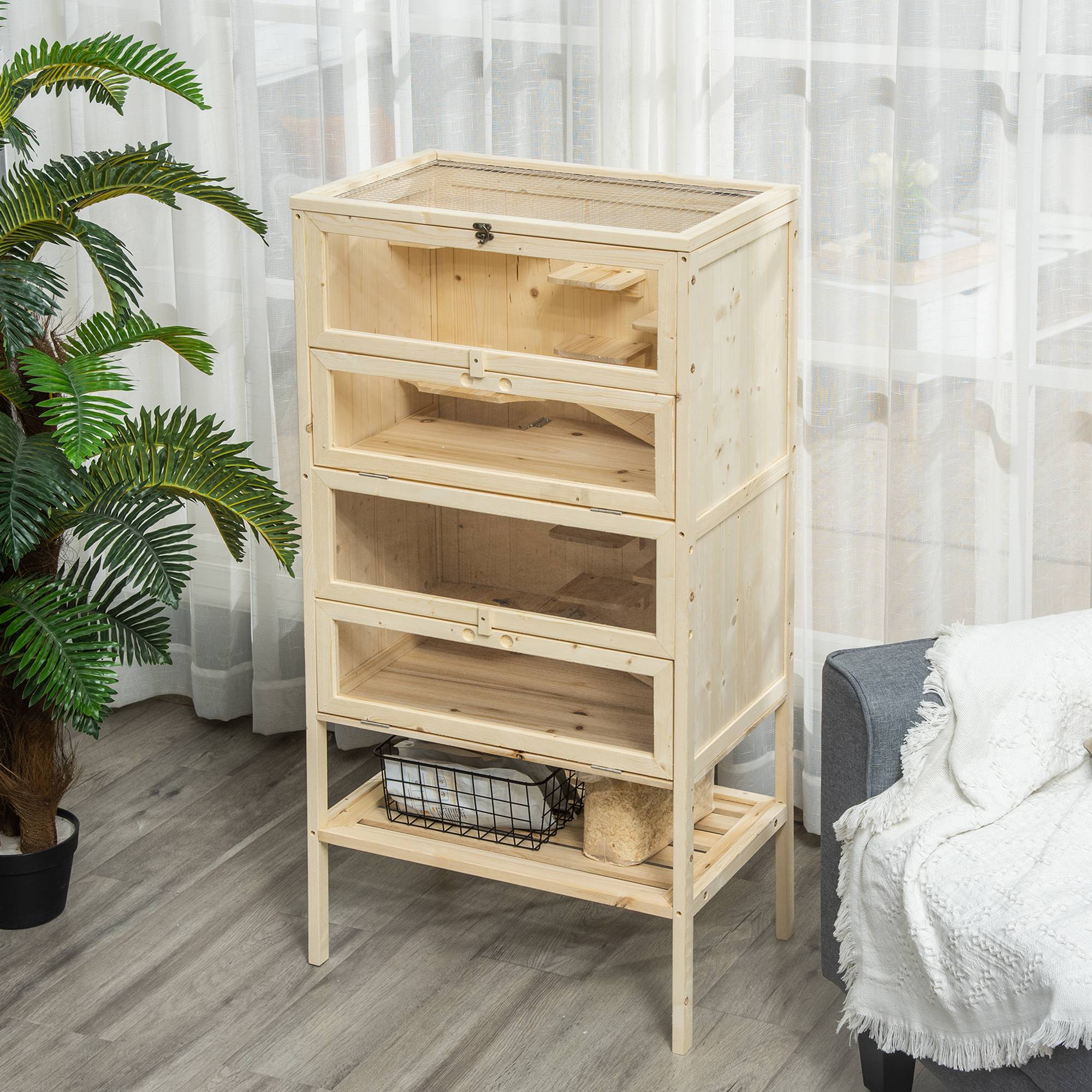 Cage en bois pour hamsters 5 étages avec toit grillagé, rampes, 60x40x120 cm, naturel - Image 4