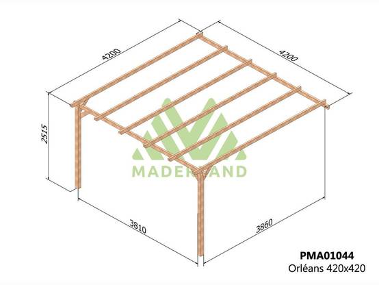 Pergola adossée en bois massif Orléans 420 x 420 cm + 2 supports surélevés - Maderland - Image 2