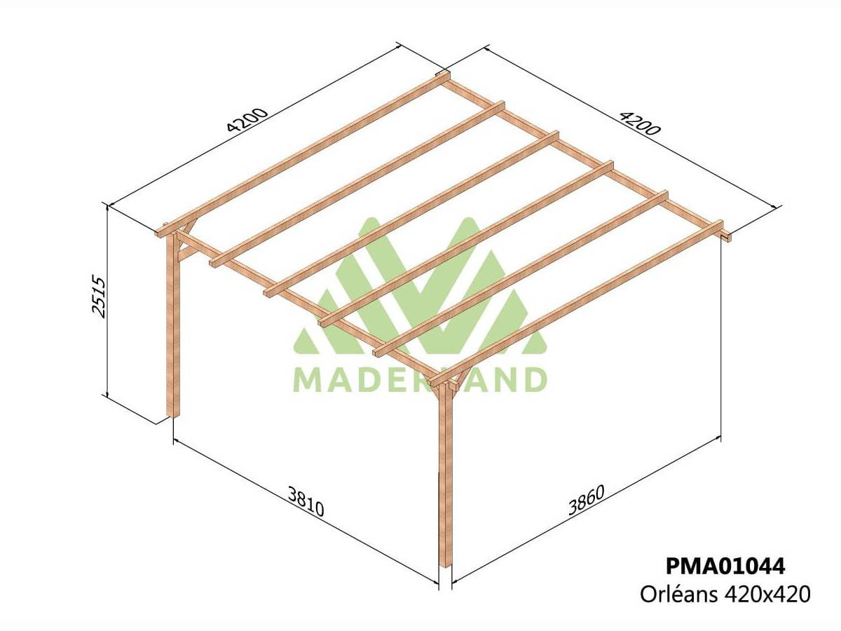 Pergola adossée en bois massif Orléans 420 x 420 cm + 2 supports surélevés - Maderland - Image 2