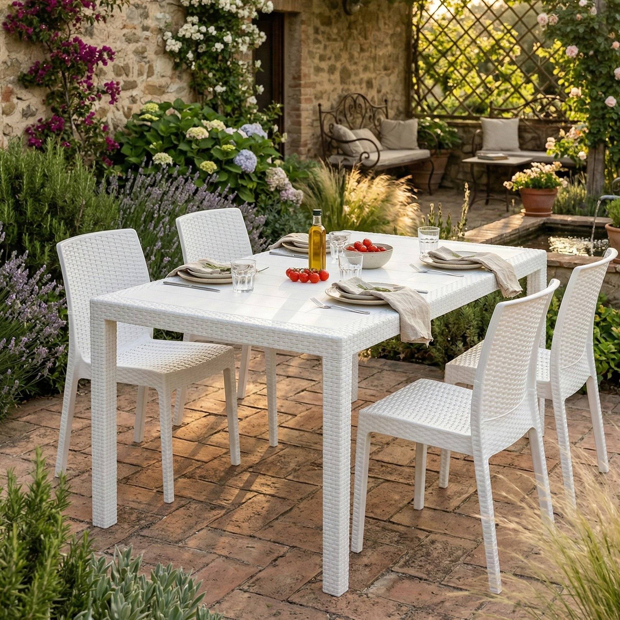 Dmora - Table d'extérieur Portici, Étagère à manger rectangulaire, Table de jardin polyvalente effet rotin, 100% Made in Italy, 150x90h72 cm, Blanc - Dmora - Imagen 2