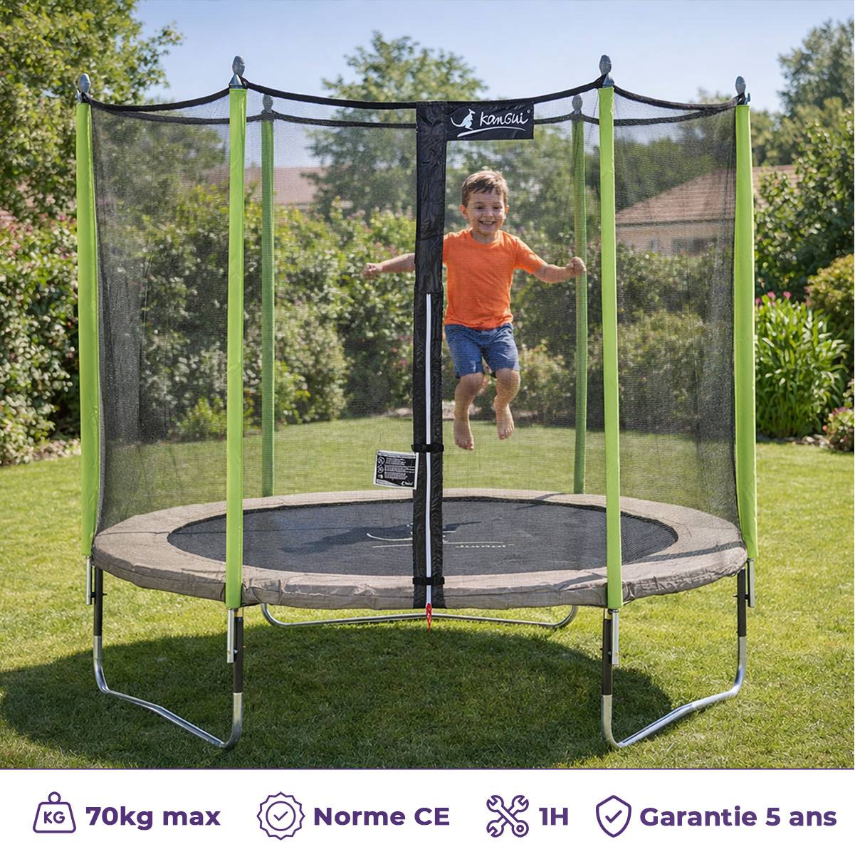 Kangui - Trampoline jardin Ø 250 cm + filet + échelle - JUMPI 250 - Taupe/Vert Kangui - Imagen 2