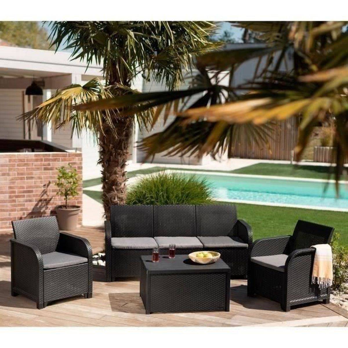 Salon de jardin résine Sanremo 5 places gris graphite - 3 places, 2 fauteuils, table coffre - Allibert by KETER - Image 2