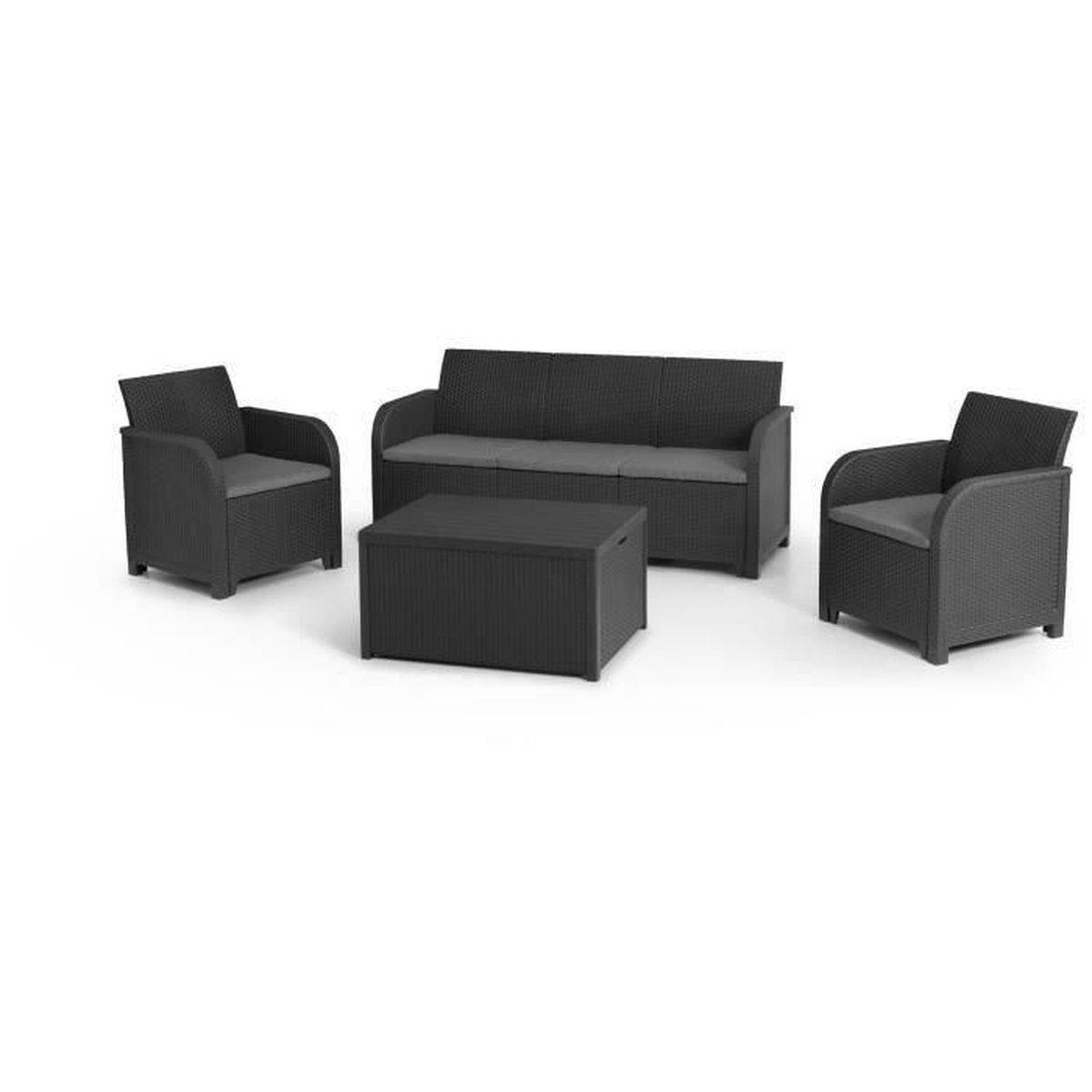 Salon de jardin résine Sanremo 5 places gris graphite - 3 places, 2 fauteuils, table coffre - Allibert by KETER - Image 1