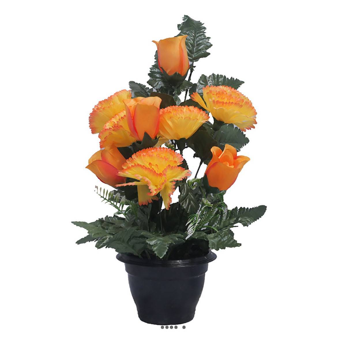 Artificielles - Pot fleurs artificielles cimetière roses, oeillets et mini-fleurs Orange - couleur: Orange - Imagen 2