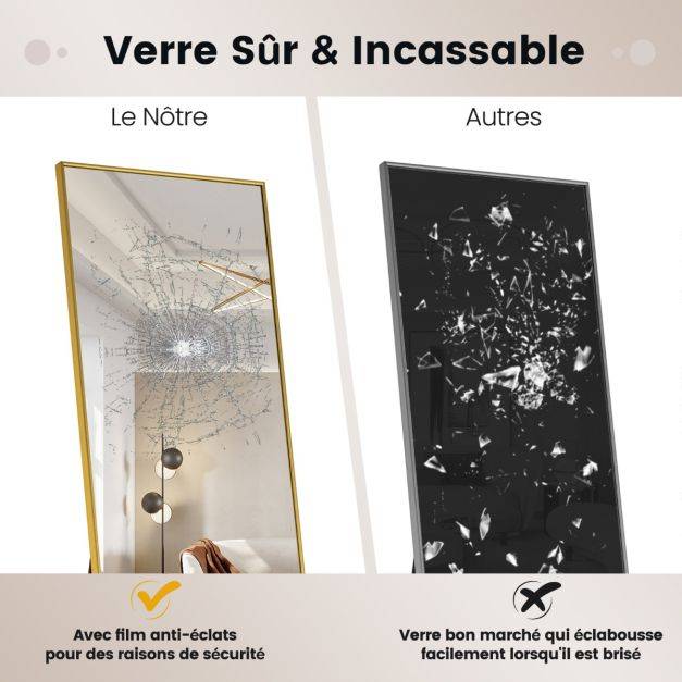 Helloshop26 - Miroir pleine longueur 160 x 40 cm miroir rectangulaire avec verre incassable et cadre en alliage d'aluminium pour chambre salon entrée or - Imagen 4