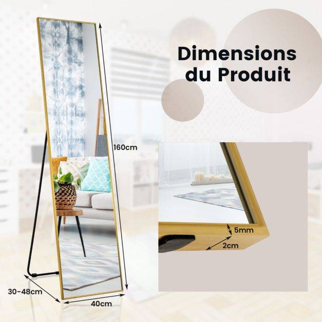 Helloshop26 - Miroir pleine longueur 160 x 40 cm miroir rectangulaire avec verre incassable et cadre en alliage d'aluminium pour chambre salon entrée or - Imagen 6