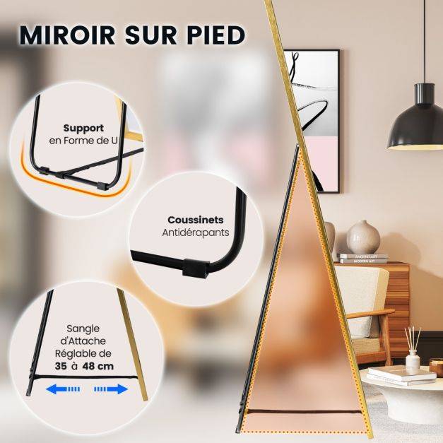 Helloshop26 - Miroir pleine longueur 160 x 40 cm miroir rectangulaire avec verre incassable et cadre en alliage d'aluminium pour chambre salon entrée or - Imagen 5