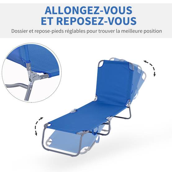 Bain de Soleil transat Pliable Dossier réglable Multipositions métal et Polyester Bleu - Image 6