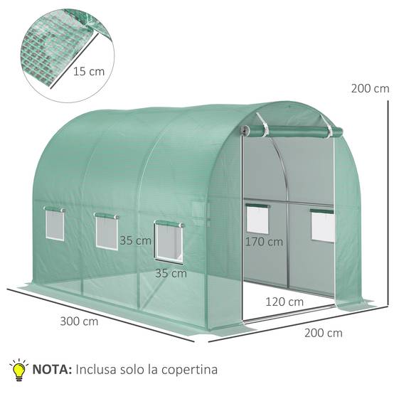 Bâche de rechange pour serre jardin PE protection anti-UV 6 fenêtres 3x2x2 m vert - ComfortXL Outdoor Living - Image 5