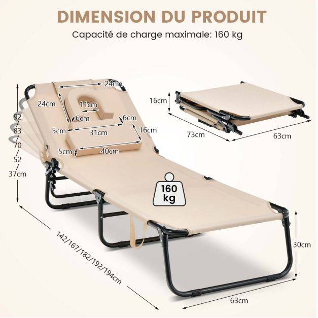 Helloshop26 - Chaise longue transat de bronzage pliante face vers le bas de plage avec trou pour le visage transat solide pour bain de soleil beige - Imagen 4