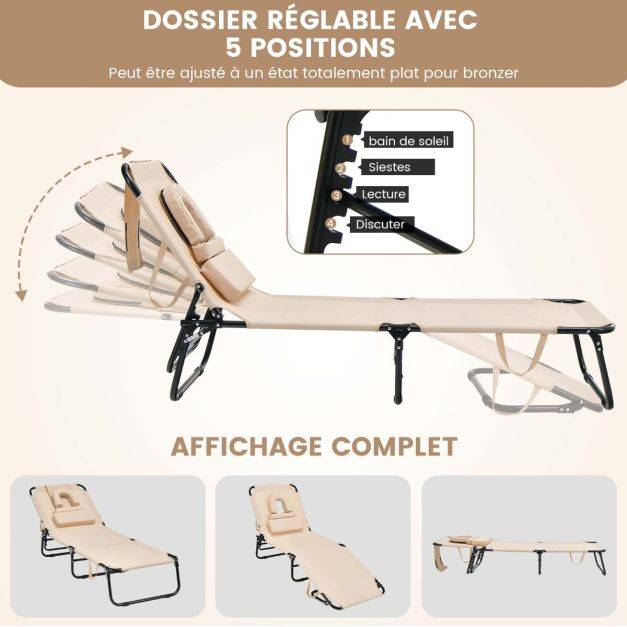 Helloshop26 - Chaise longue transat de bronzage pliante face vers le bas de plage avec trou pour le visage transat solide pour bain de soleil beige - Imagen 3
