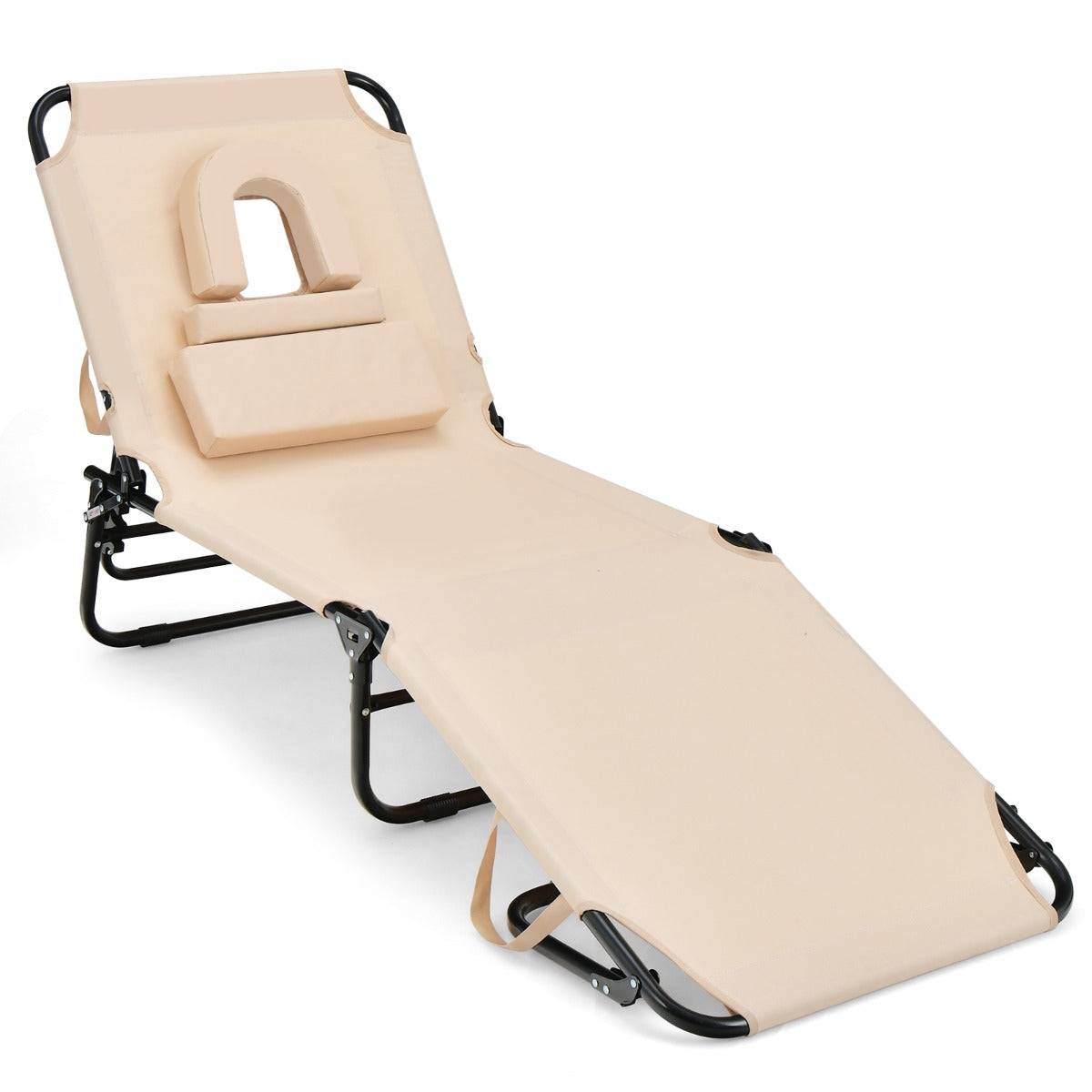 Helloshop26 - Chaise longue transat de bronzage pliante face vers le bas de plage avec trou pour le visage transat solide pour bain de soleil beige - Imagen 1