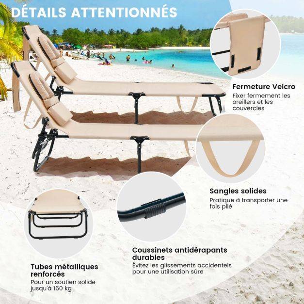 Helloshop26 - Chaise longue transat de bronzage pliante face vers le bas de plage avec trou pour le visage transat solide pour bain de soleil beige - Imagen 2