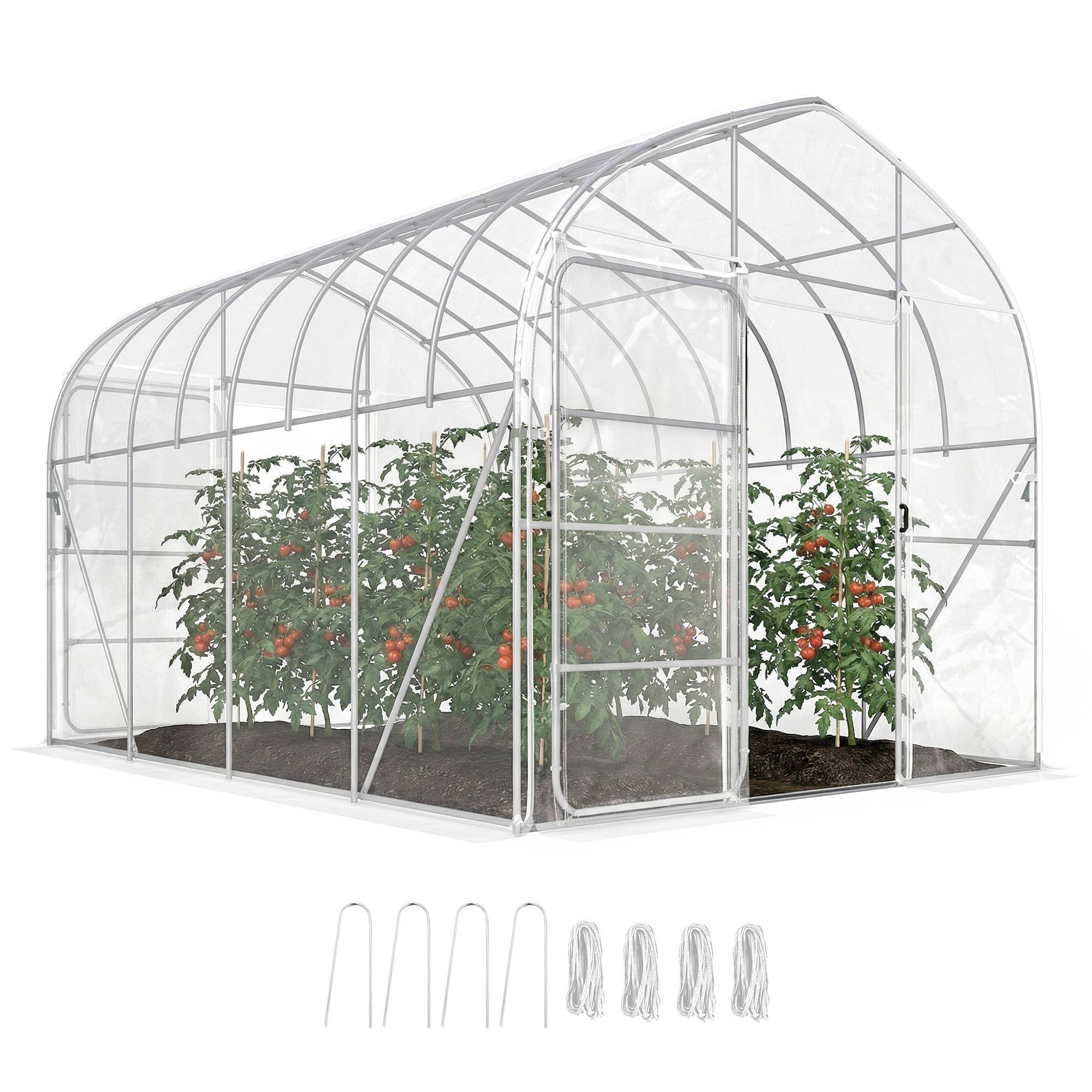 Serre tunnel 12 m² acier galvanisé anti-goutte, 2 portes à charnières transparente renforcée potager