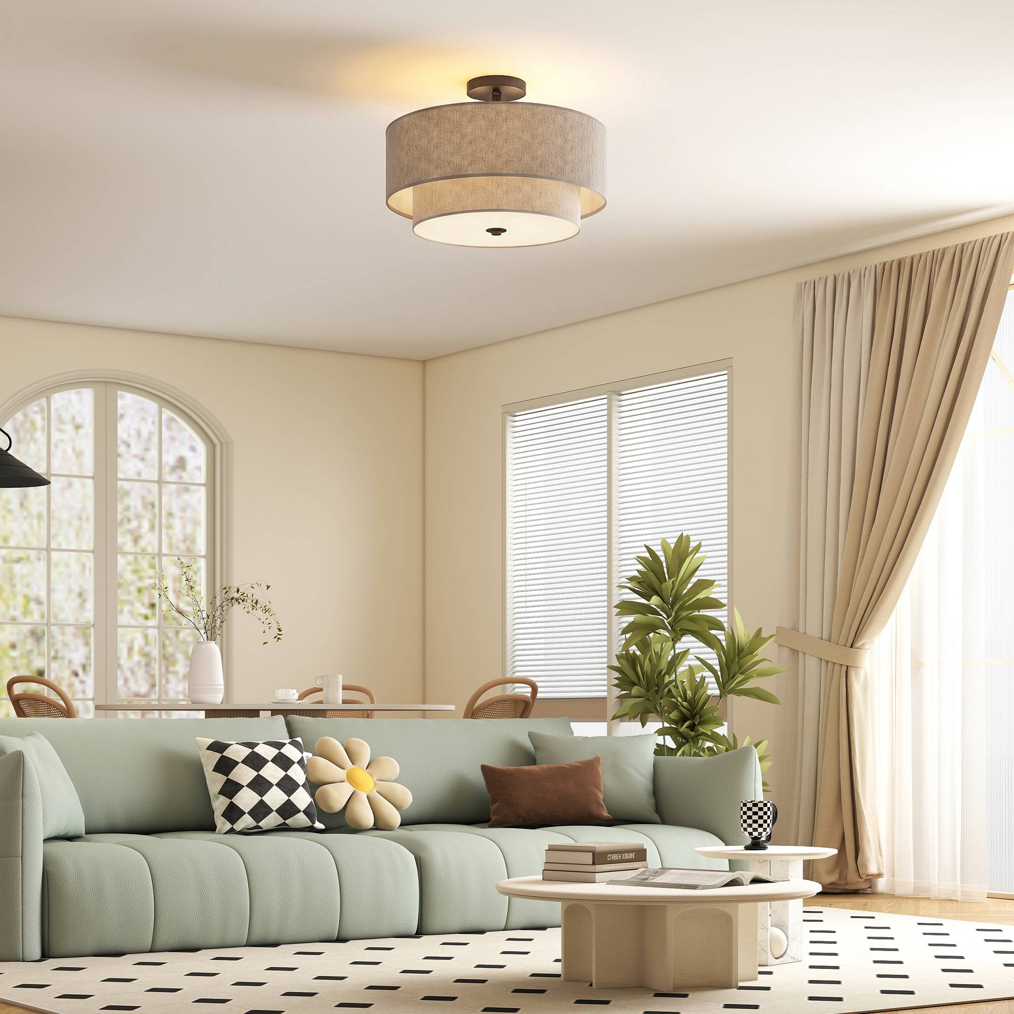 Sans Marque - Plafonnier suspension double abat-jour aspect lin taupe - Image 3