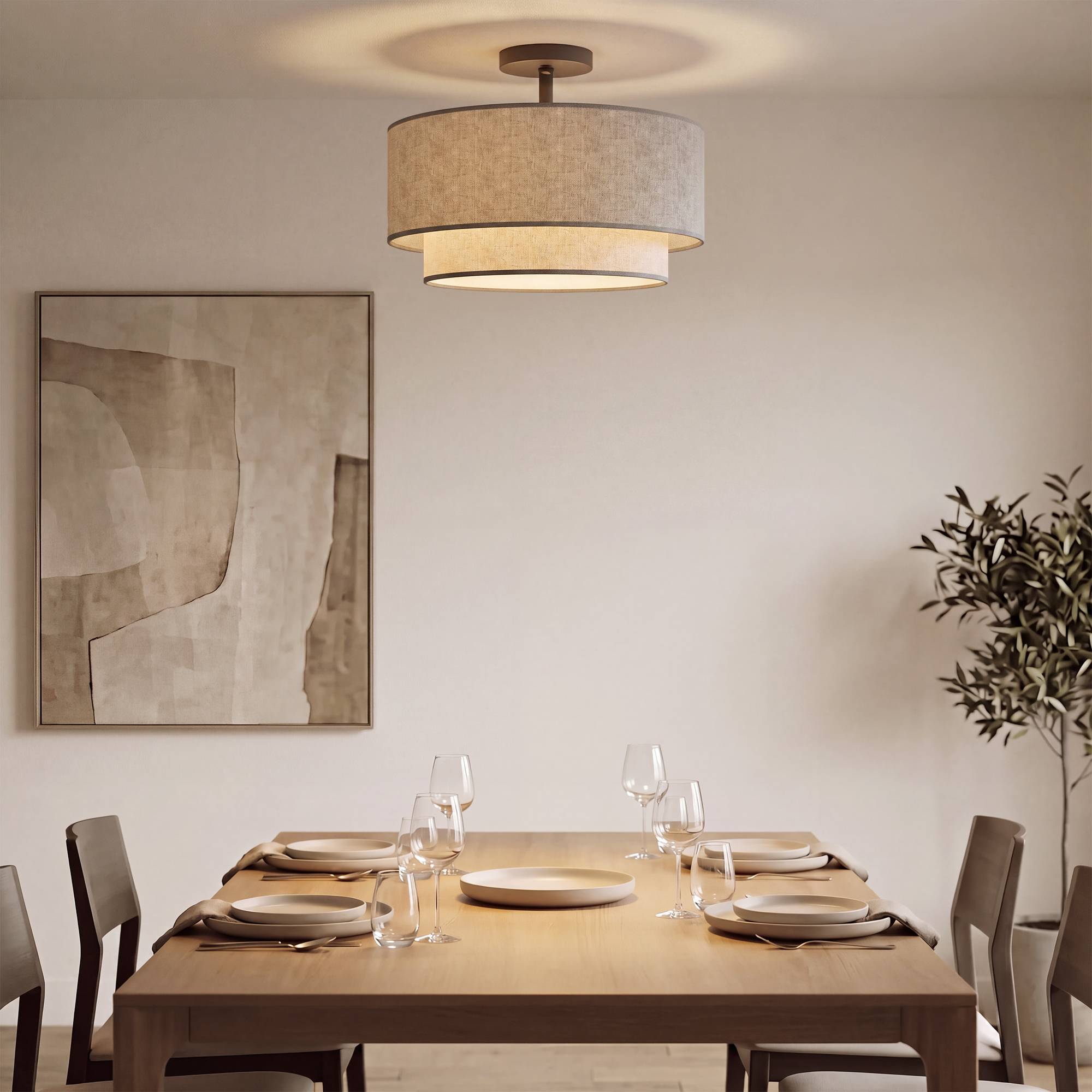 Sans Marque - Plafonnier suspension double abat-jour aspect lin taupe - Image 4