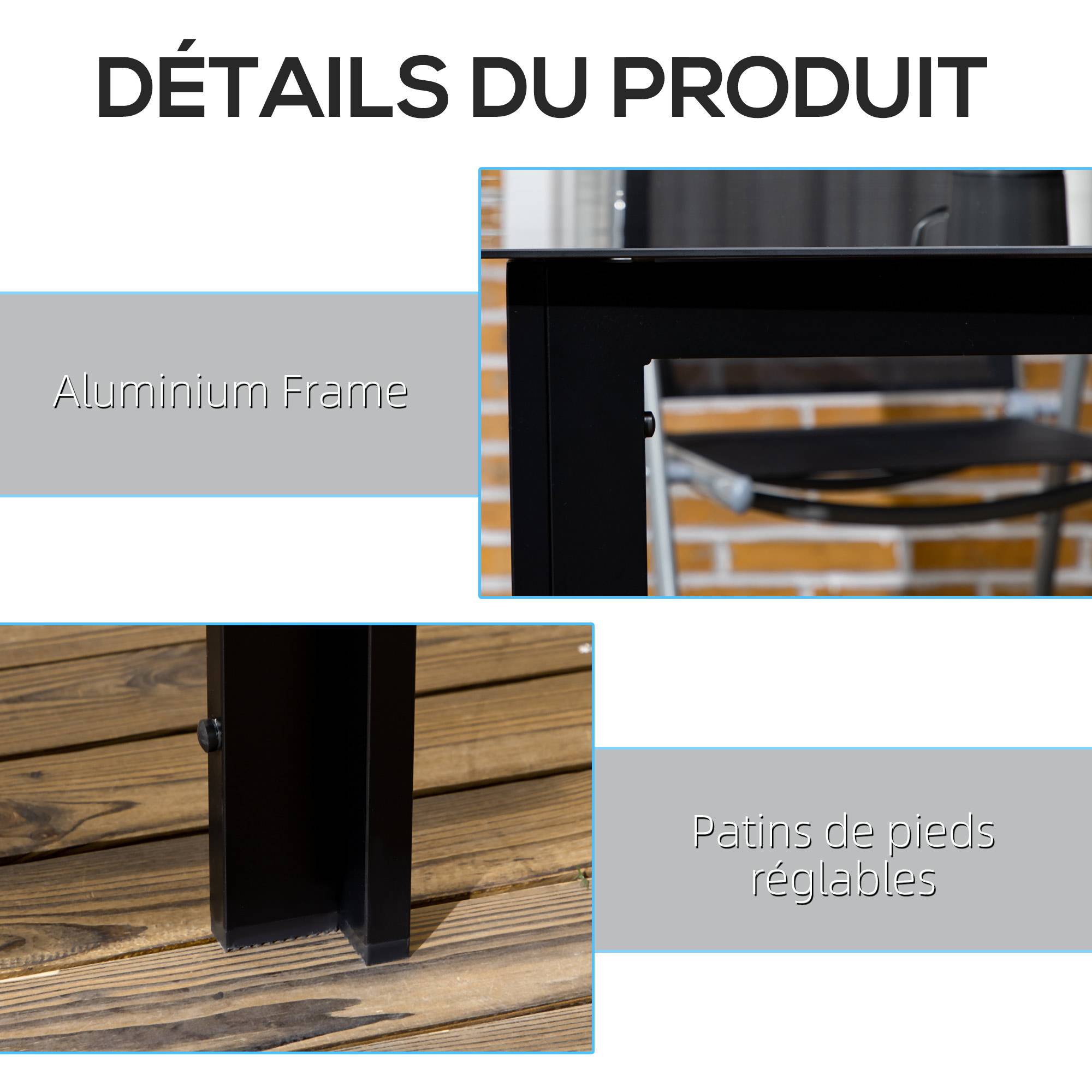 Outsunny - Table de jardin rectangulaire 6 personnes dim. 150L x 90l x 74H cm alu. plateau verre trempé noir - Image 5