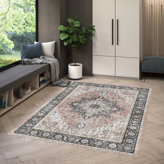 Decoweb - Tapis doux à motif oriental - Yasmine - Bleu nuit et rose - 160 x 230 cm - Decoweb - Image 2