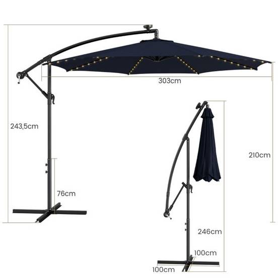 Helloshop26 - Parasol déporté inclinable 3 m avec 112 lumières led avec panneau solaire base croisée manivelle verrou de sécurité bleu - Imagen 6