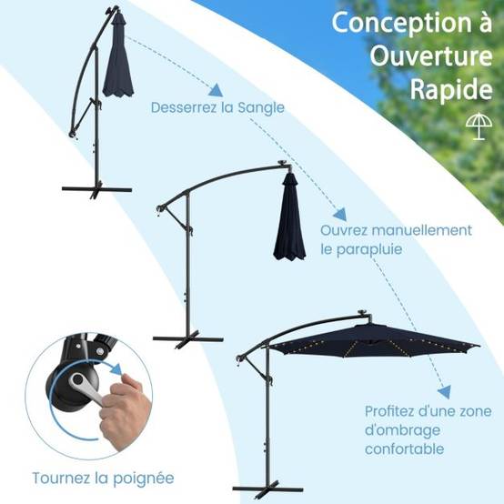 Helloshop26 - Parasol déporté inclinable 3 m avec 112 lumières led avec panneau solaire base croisée manivelle verrou de sécurité bleu - Imagen 5