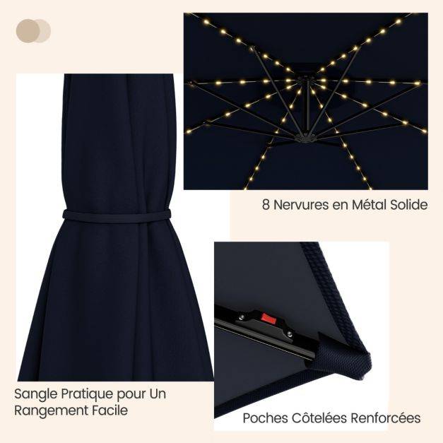 Helloshop26 - Parasol déporté inclinable 3 m avec 112 lumières led avec panneau solaire base croisée manivelle verrou de sécurité bleu - Imagen 3