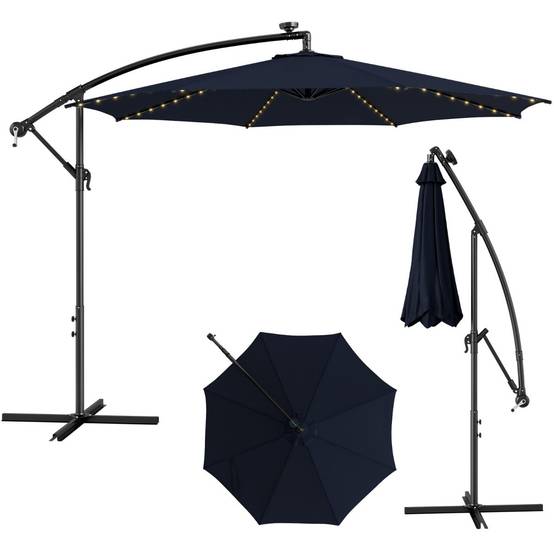 Helloshop26 - Parasol déporté inclinable 3 m avec 112 lumières led avec panneau solaire base croisée manivelle verrou de sécurité bleu - Imagen 1