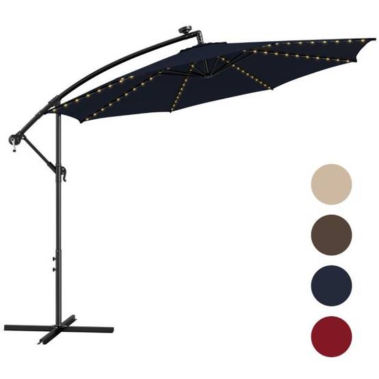 Helloshop26 - Parasol déporté inclinable 3 m avec 112 lumières led avec panneau solaire base croisée manivelle verrou de sécurité bleu - Imagen 2