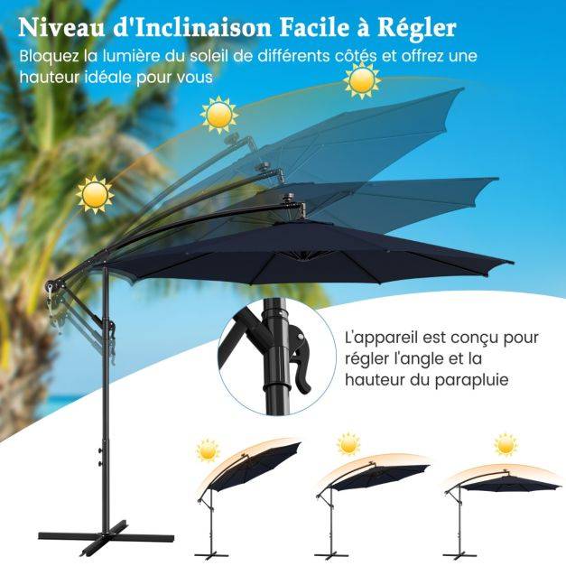 Helloshop26 - Parasol déporté inclinable 3 m avec 112 lumières led avec panneau solaire base croisée manivelle verrou de sécurité bleu - Imagen 4
