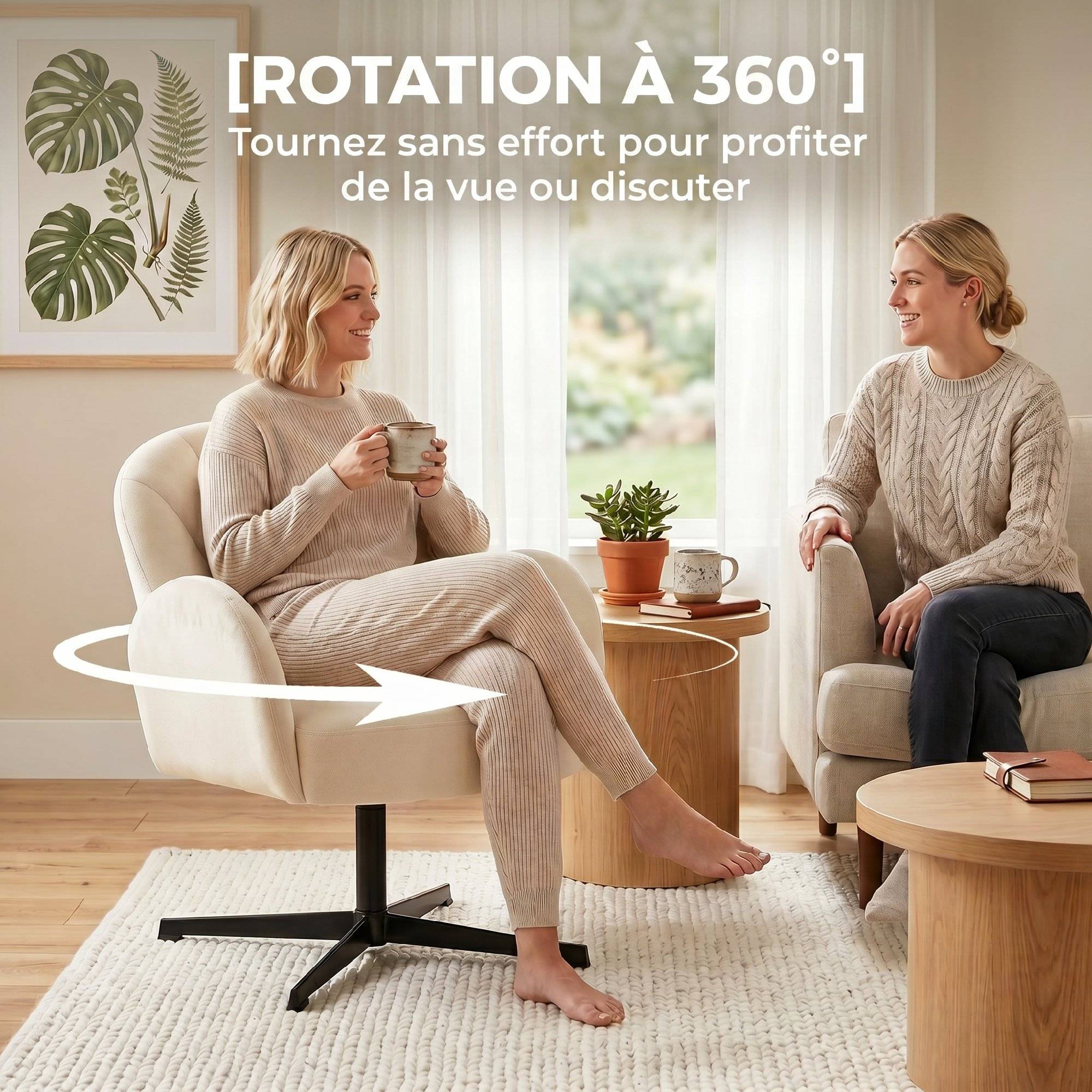 Fauteuil salon pivotant fauteuil d'appoint rembourré en velours dossier en forme de coquille coussin à ressorts beige - Image 7