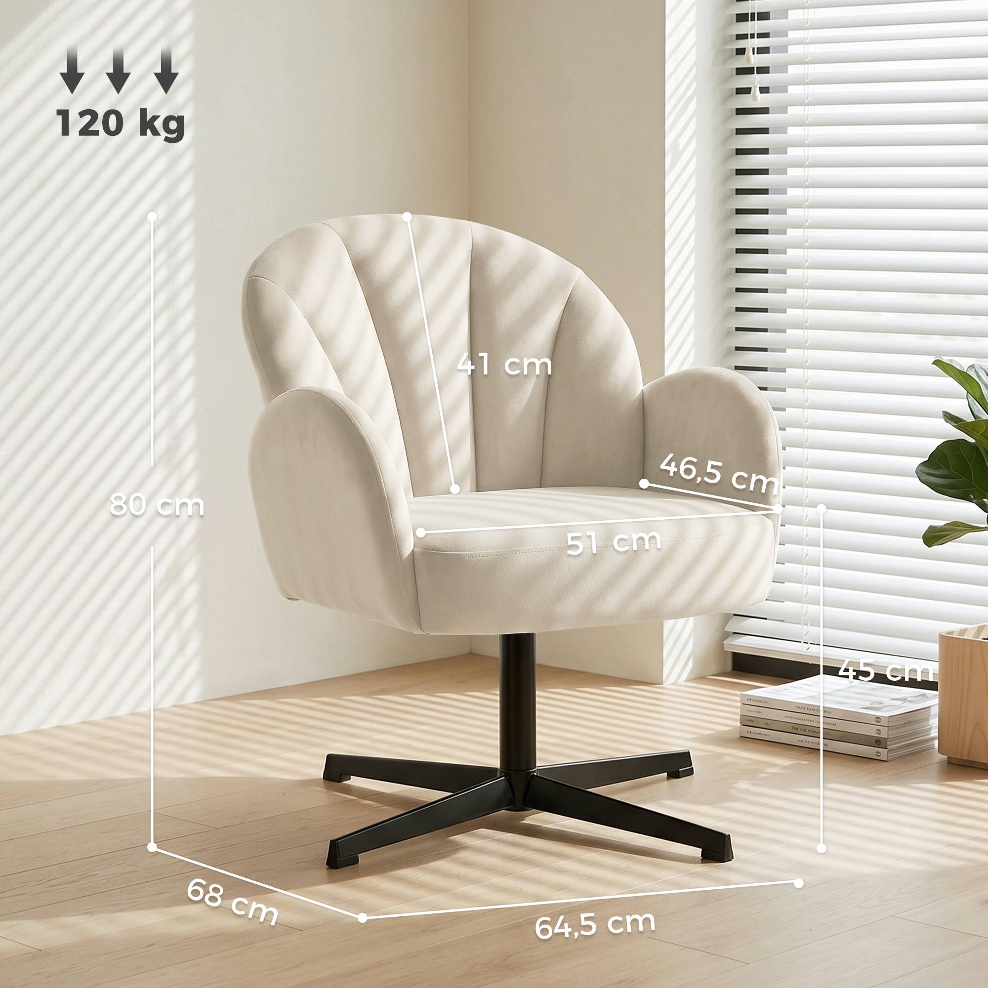 Fauteuil salon pivotant fauteuil d'appoint rembourré en velours dossier en forme de coquille coussin à ressorts beige - Image 5