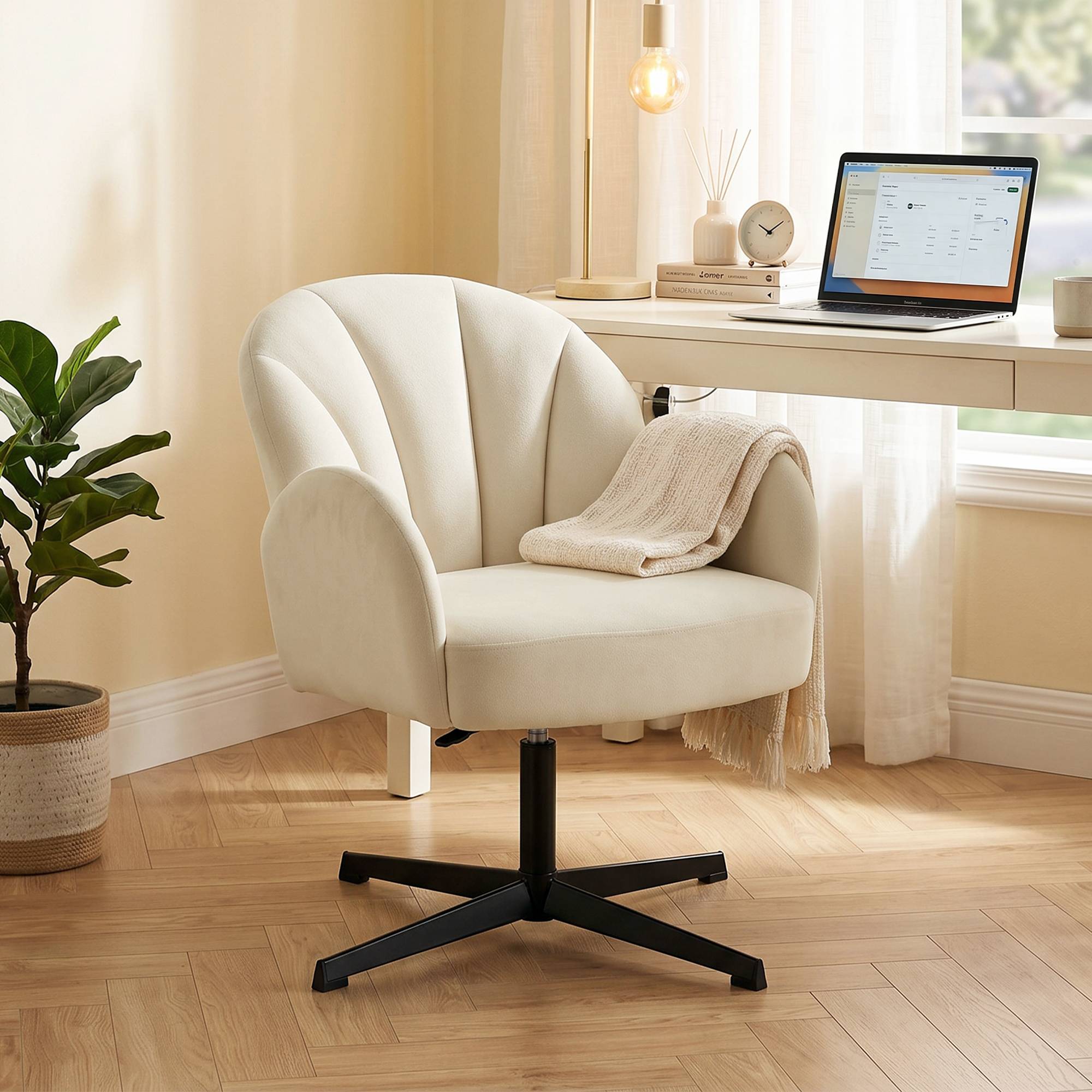 Fauteuil salon pivotant fauteuil d'appoint rembourré en velours dossier en forme de coquille coussin à ressorts beige - Image 4