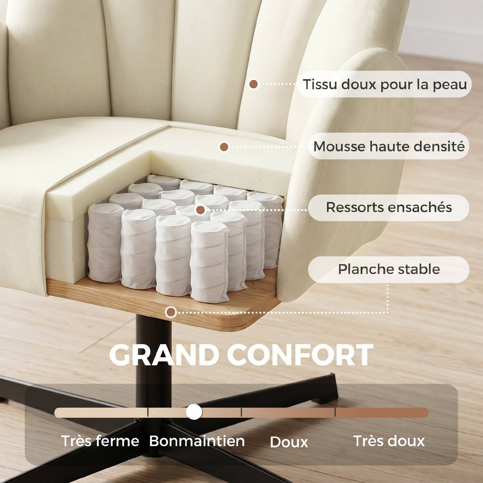 Fauteuil salon pivotant fauteuil d'appoint rembourré en velours dossier en forme de coquille coussin à ressorts beige - Image 8