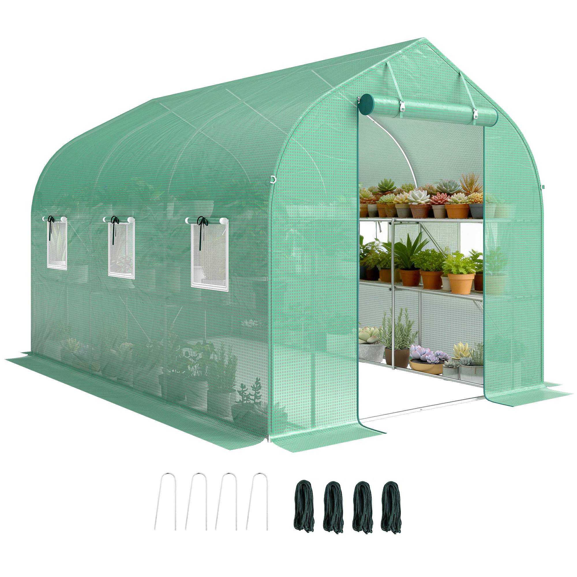 Serre tunnel de jardin 6m², serre de jardin avec étagères, porte et 6 fenêtres, cadre en acier galvanisé, vert