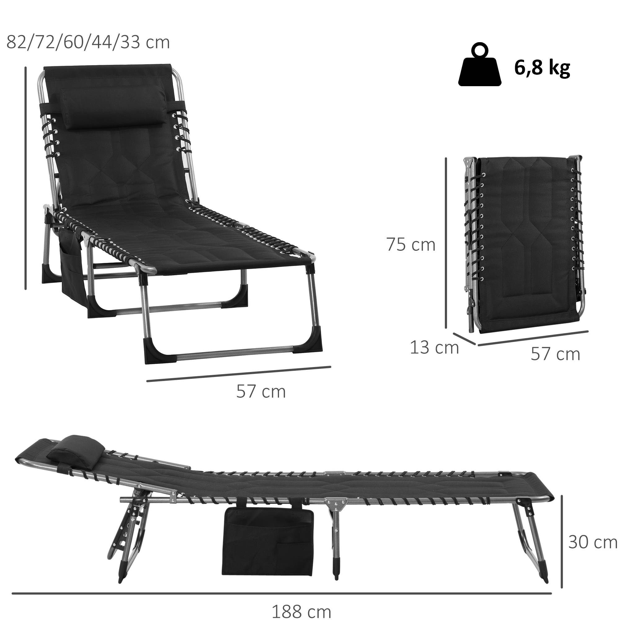 Chaise longue de jardin pliable noire avec appui-tête et poche latérale, dossier 5 positions, résistante intempéries, 130 kg - Image 5
